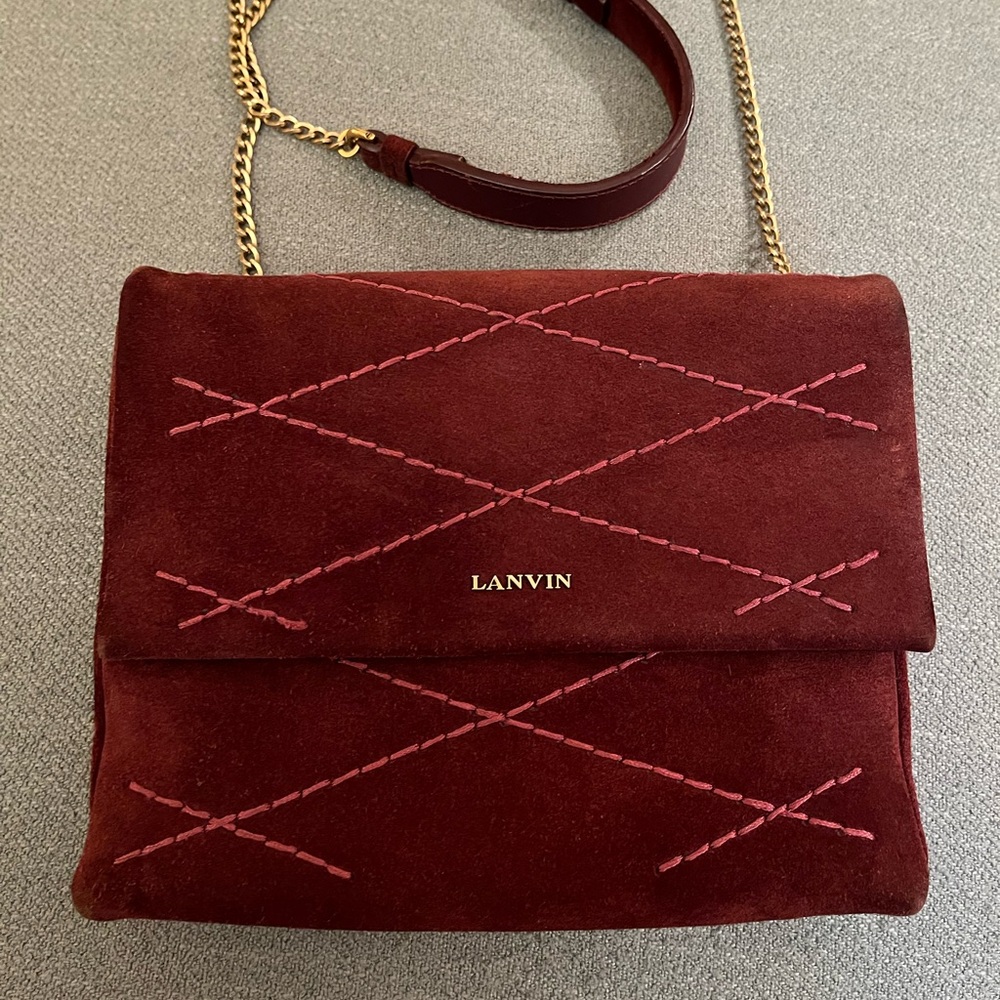 Lanvin Sugar Crossbody Shoulder Flap Bag Quilted Deep Purple Small Suede Gold